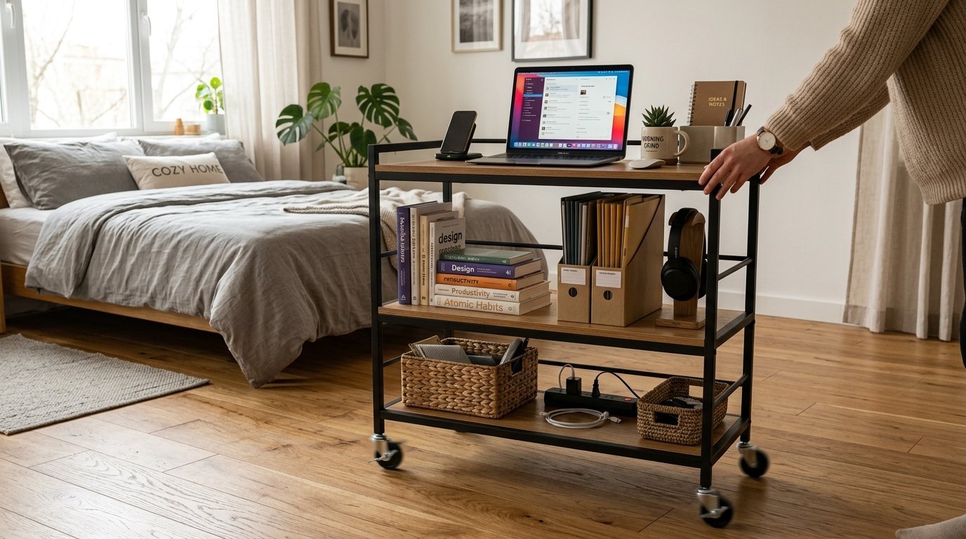 Close up of a person moving a portable three-tier wooden desk cart filled with books, laptop, and supplies in a bedroom.