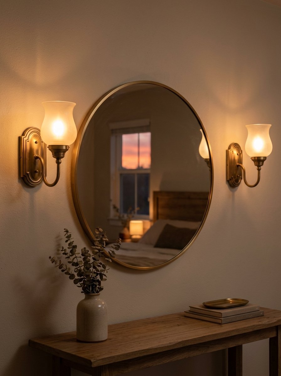 Round mirror hanging above a wooden console table with eucalyptus in a vase and vintage wall lighting.