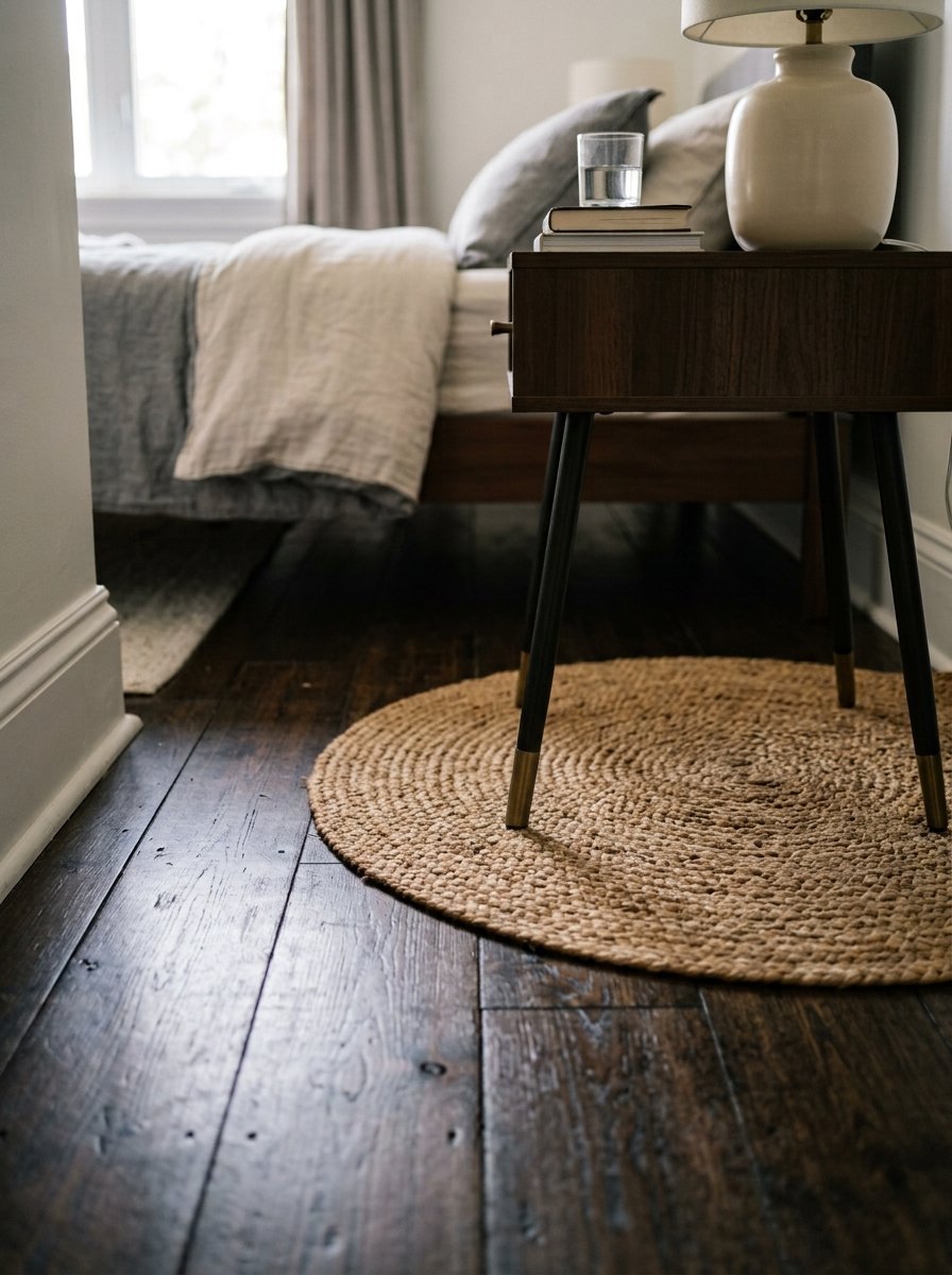 Close up of a modern wood nightstand with a lamp and glass of water sitting on a small circular textured jute rug.