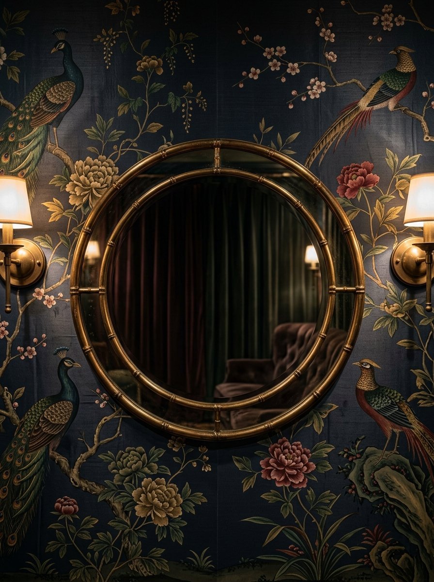 Round golden mirror hanging on dark blue wallpaper featuring ornate birds and blooming flowers with wall sconces.