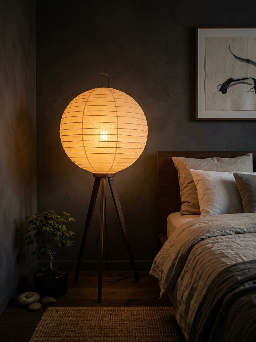 A round paper floor lamp with a wooden tripod stand glows warmly next to a bedside table and potted plant.