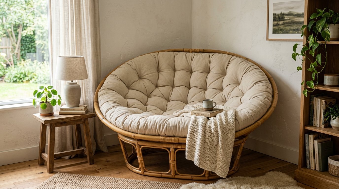 Round rattan chair with a beige tufted cushion, draped blanket, and book in a bright living room nook.