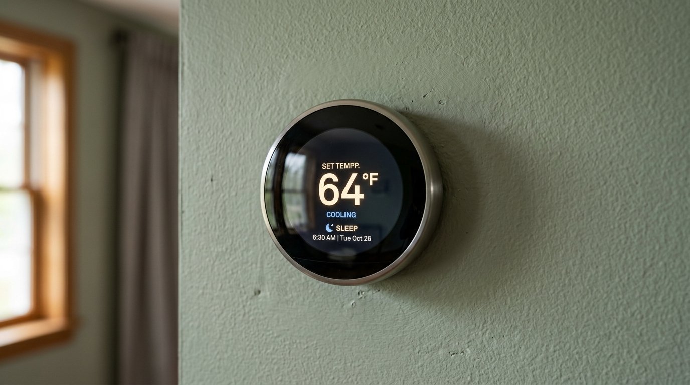 Close-up of a digital smart thermostat mounted on a textured sage green wall showing a 64 degree cooling setting.