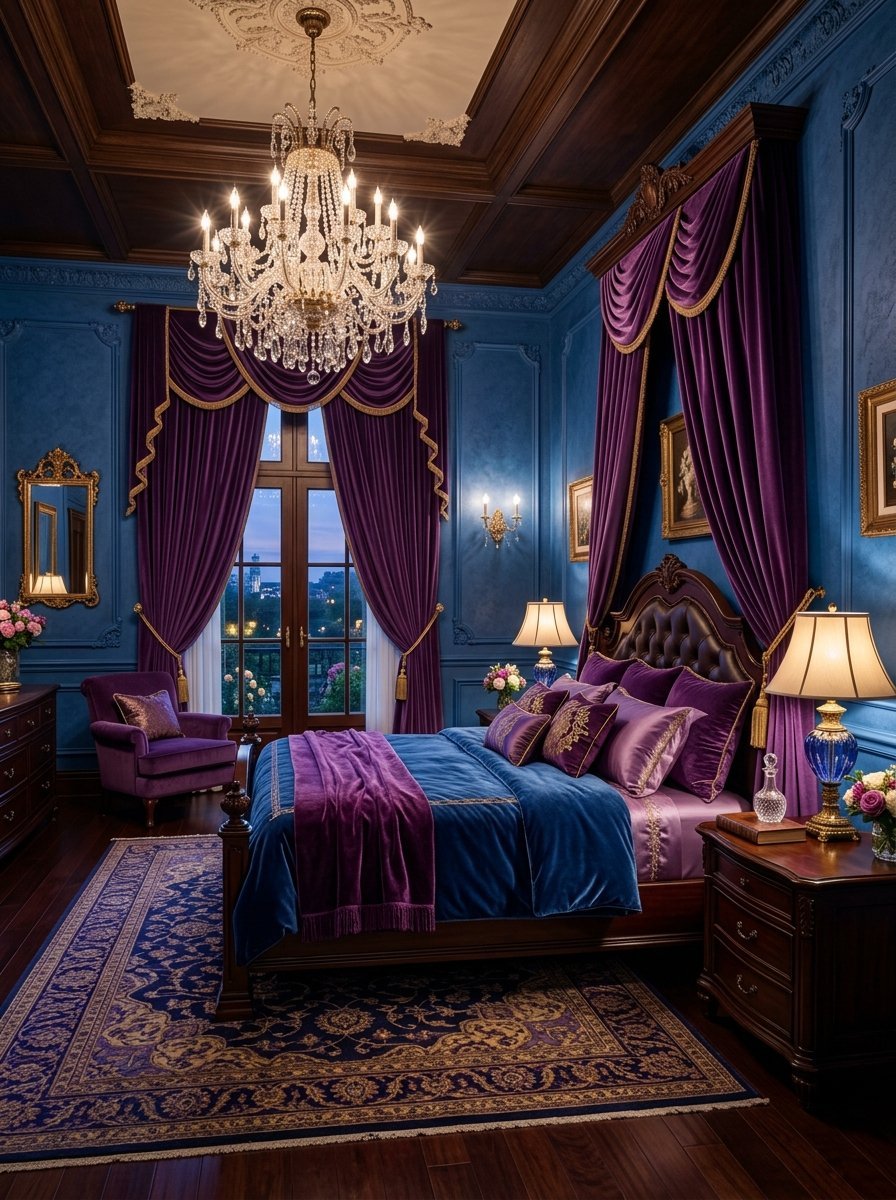 A luxurious bedroom with deep blue walls, purple velvet curtains, and a crystal chandelier over a bed.