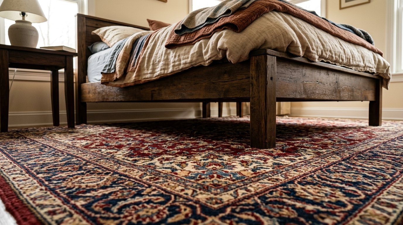 Close-up view of a dark wood bed frame sitting on top of a red and blue patterned area rug in a cozy bedroom.