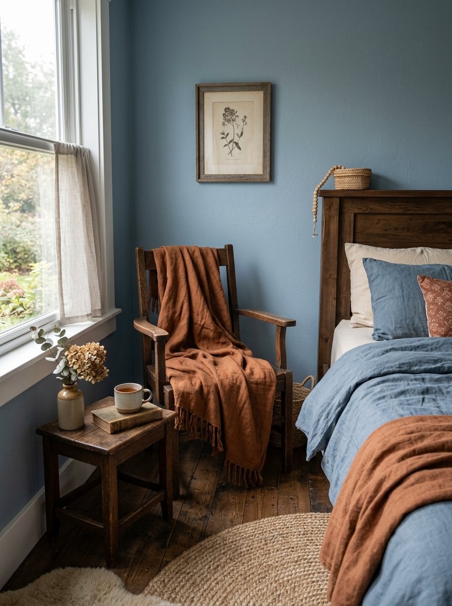 Wooden chair with a rust-colored throw blanket next to a bed in a room with blue walls and natural decor.