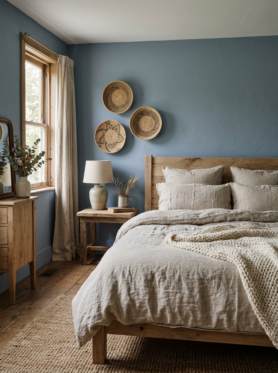 A bedroom with dusty blue walls, wood furniture, linen sheets, and three decorative circular wicker baskets on the wall.