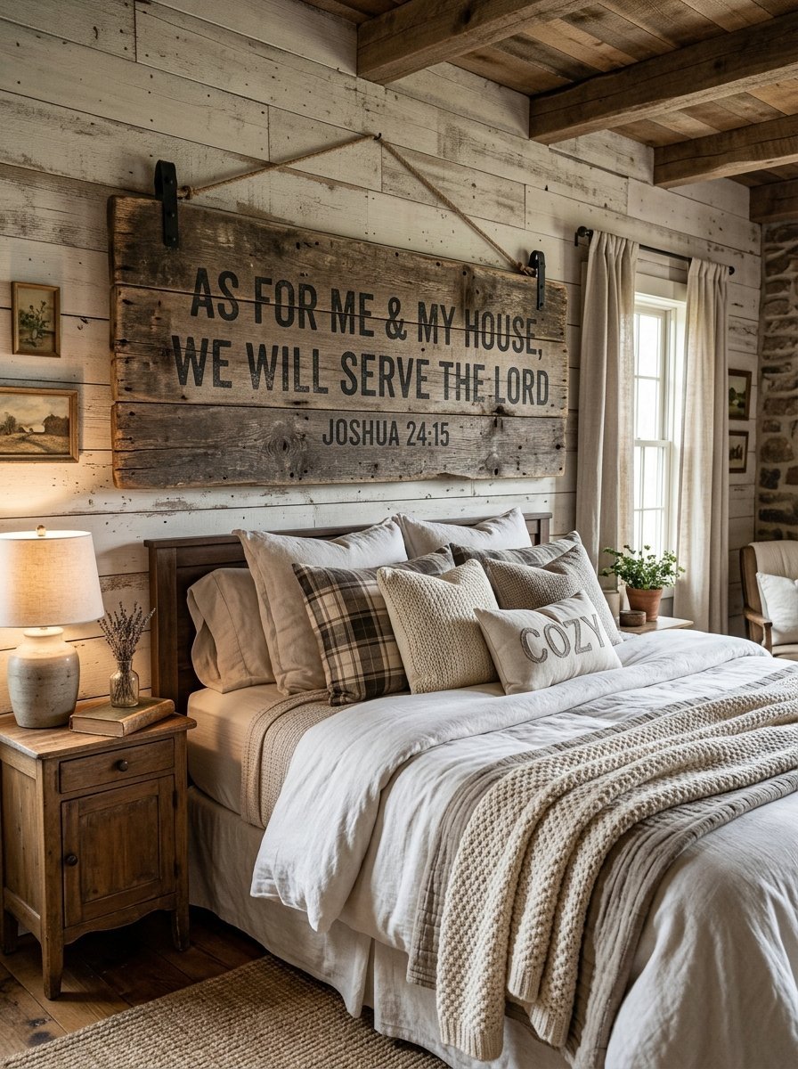 A rustic bedroom with a large wooden sign hanging above the bed reading As For Me And My House We Will Serve The Lord