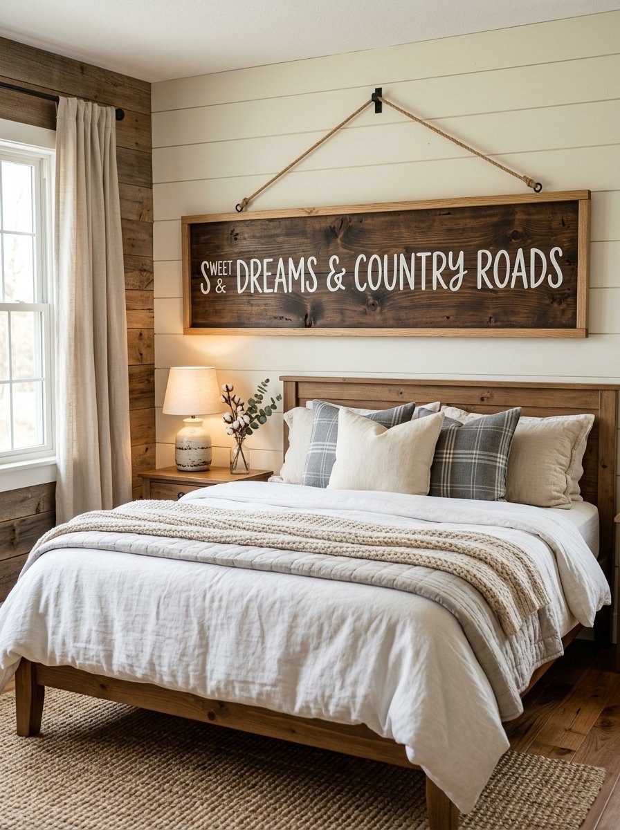 Farmhouse style bedroom with a wood sign hanging over a bed decorated with neutral bedding and plaid pillows.