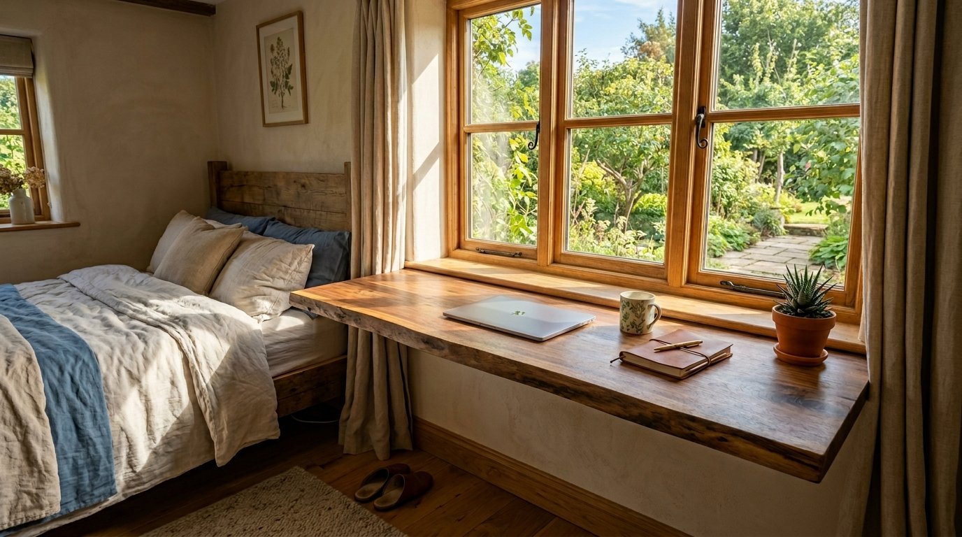 A live-edge wood desk built into a window frame with a laptop, journal, and succulent plant.
