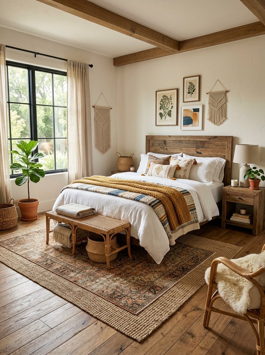 A rustic bedroom with a wooden bed frame, macrame wall art, and an patterned rug on hardwood floors.