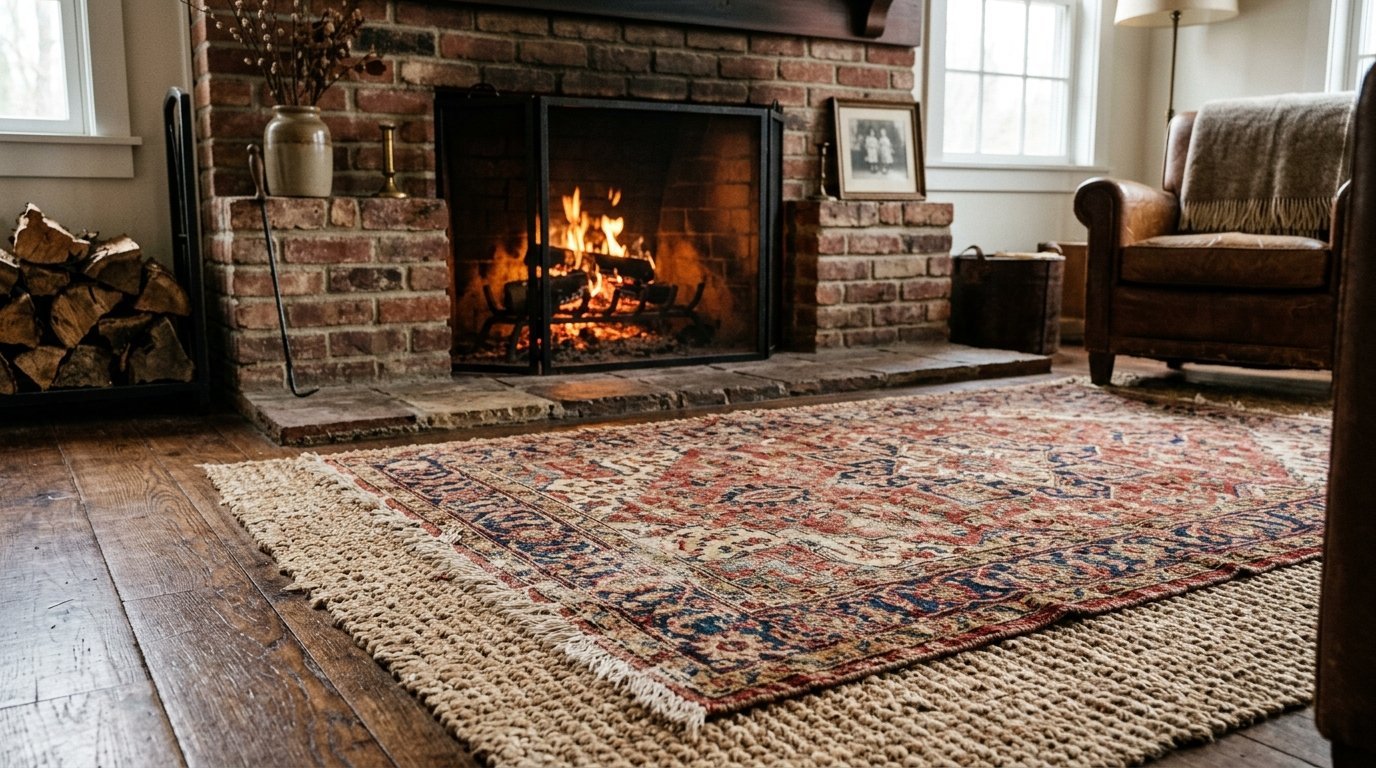 A brick fireplace with a burning fire sits next to a stack of firewood and a vintage rug on hardwood floors.