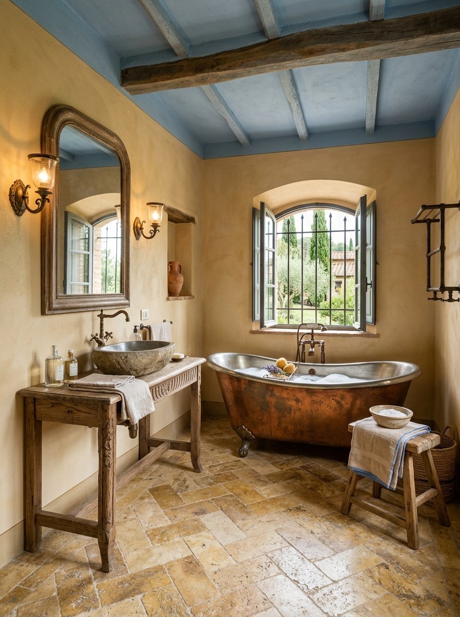 Copper bathtub with bubble bath in a rustic bathroom with yellow walls and a stone floor.
