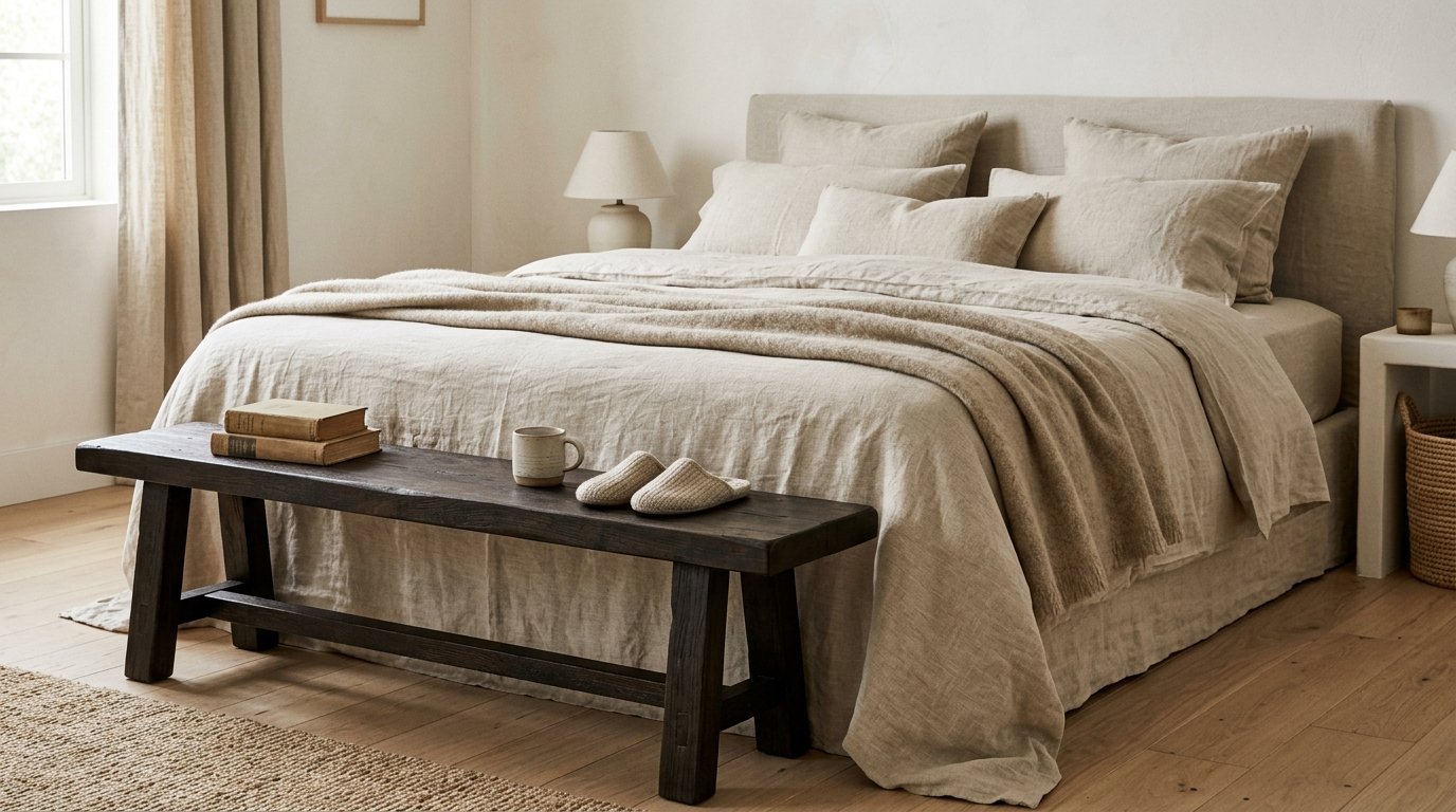 A rustic dark wood bench sitting at the foot of a bed dressed in neutral beige linen bedding and pillows.