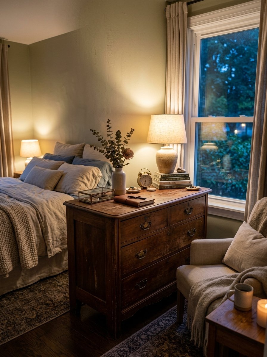 Vintage dark wood dresser topped with a lamp, books, and dried flowers inside a soft, warmly lit bedroom at night.