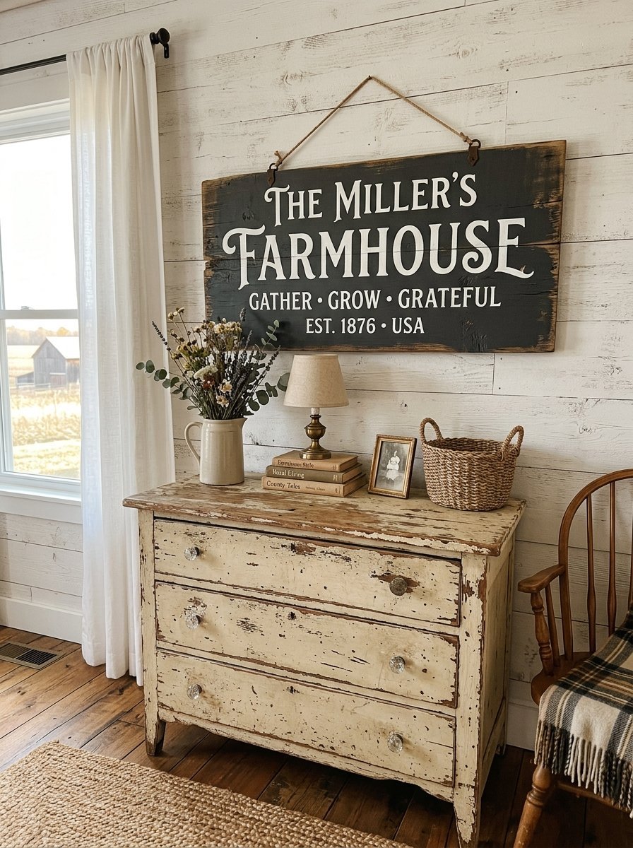 A rustic weathered dresser under a large family name sign against a white shiplap wall.