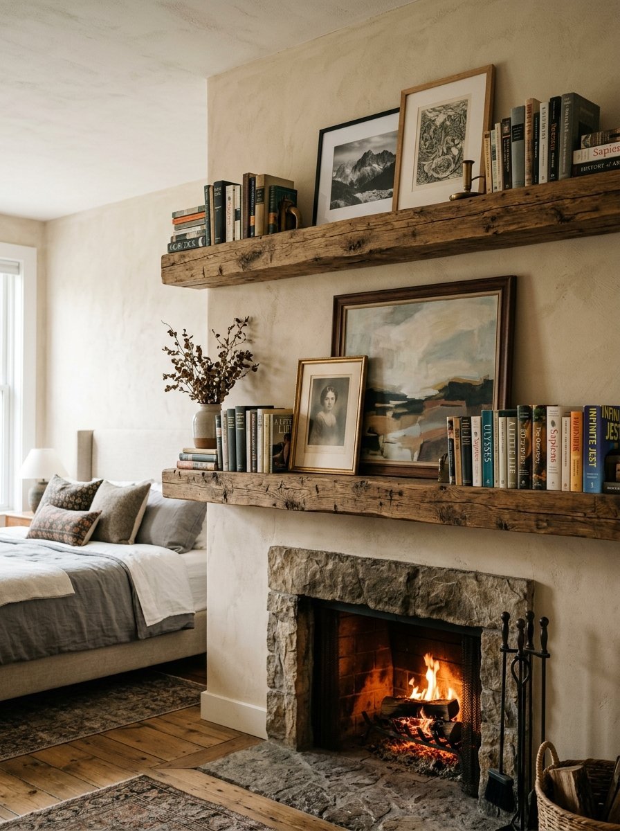 A stone fireplace with a fire burning, topped by two wooden shelves filled with books and framed art in a bedroom.