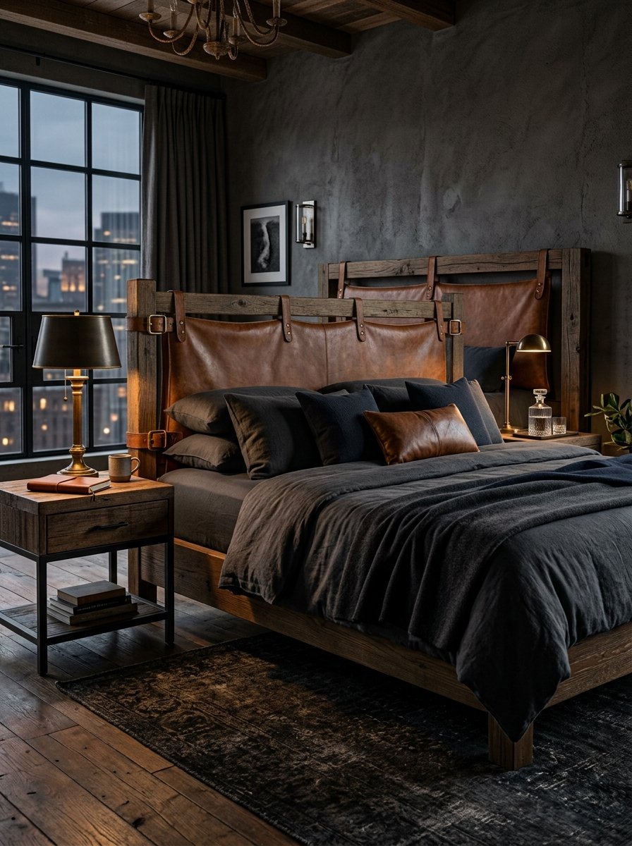 A rustic bed with a leather headboard and dark bedding in a dimly lit, modern industrial bedroom.