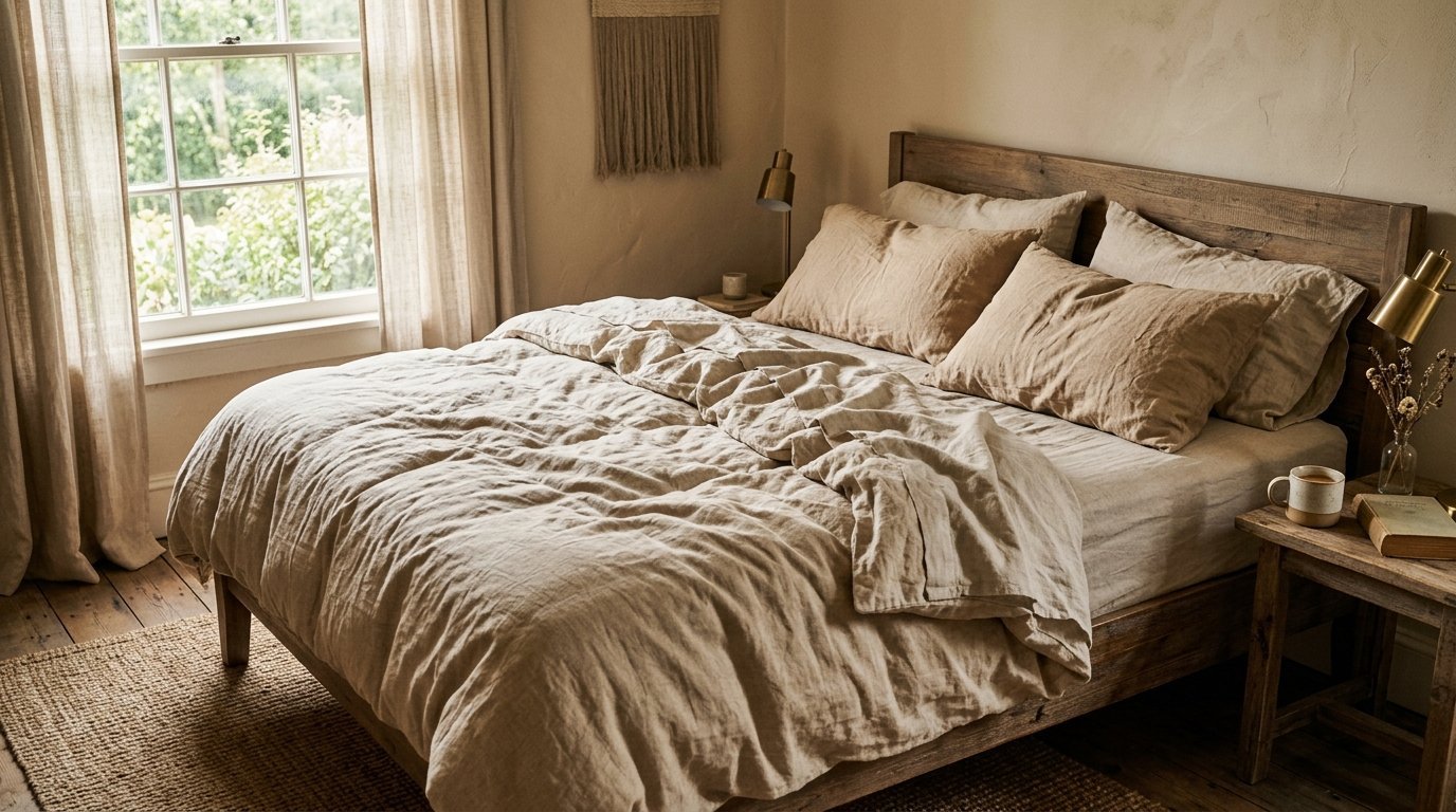 A rustic bedroom with a wooden bed, neutral linen duvet, and matching pillows in a soft, sun-drenched atmosphere.