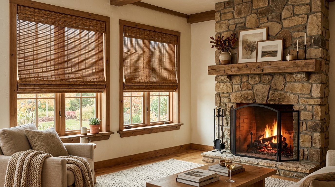 A sunlit living room with bamboo shades, an armchair, and a roaring fire in a natural stone fireplace.
