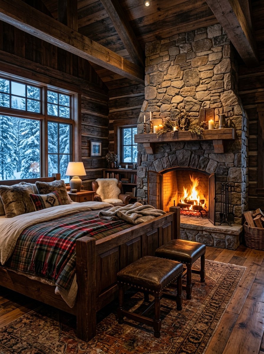 A rustic bedroom with a plaid quilt, leather stools, and a glowing stone fireplace overlooking a snowy forest.