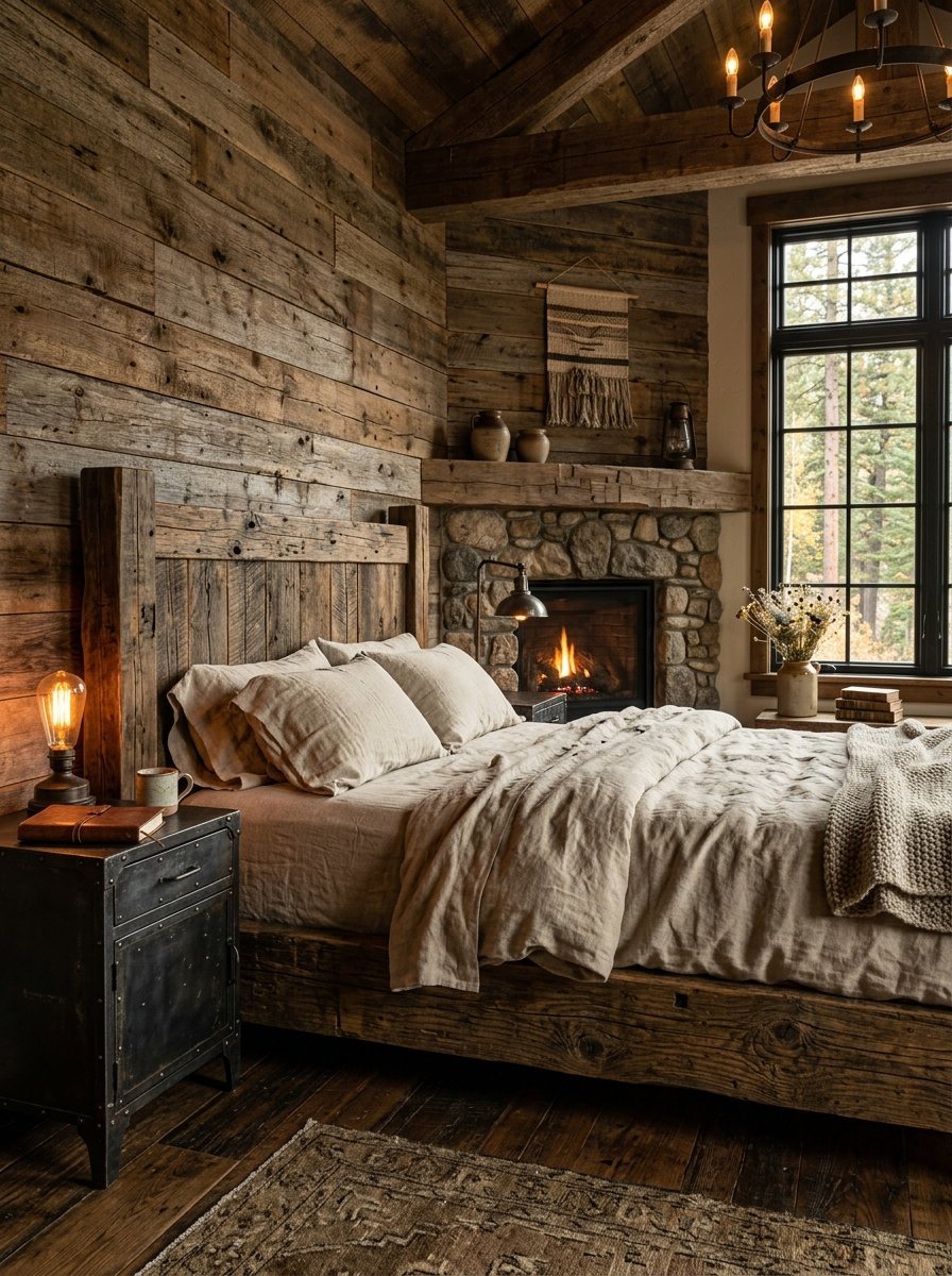 A rustic bedroom with a wooden bed frame, stone fireplace, and linen bedding under a warm chandelier.