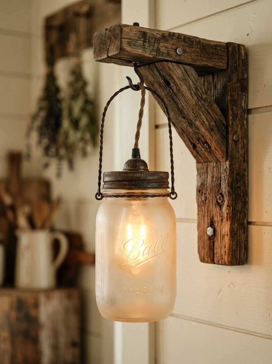 A rustic wall-mounted light fixture featuring a frosted Ball mason jar suspended from a weathered timber beam.