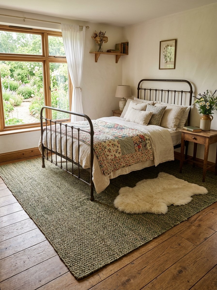 A rustic bedroom featuring a wrought iron bed, patchwork quilt, jute rug, and a sheepskin throw on hardwood floors.