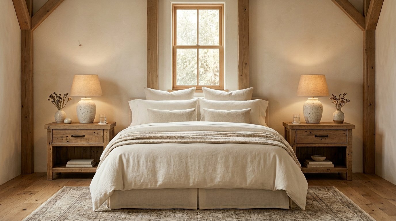 Symmetrical bedroom featuring a beige linen bed between two wooden nightstands with glowing table lamps.
