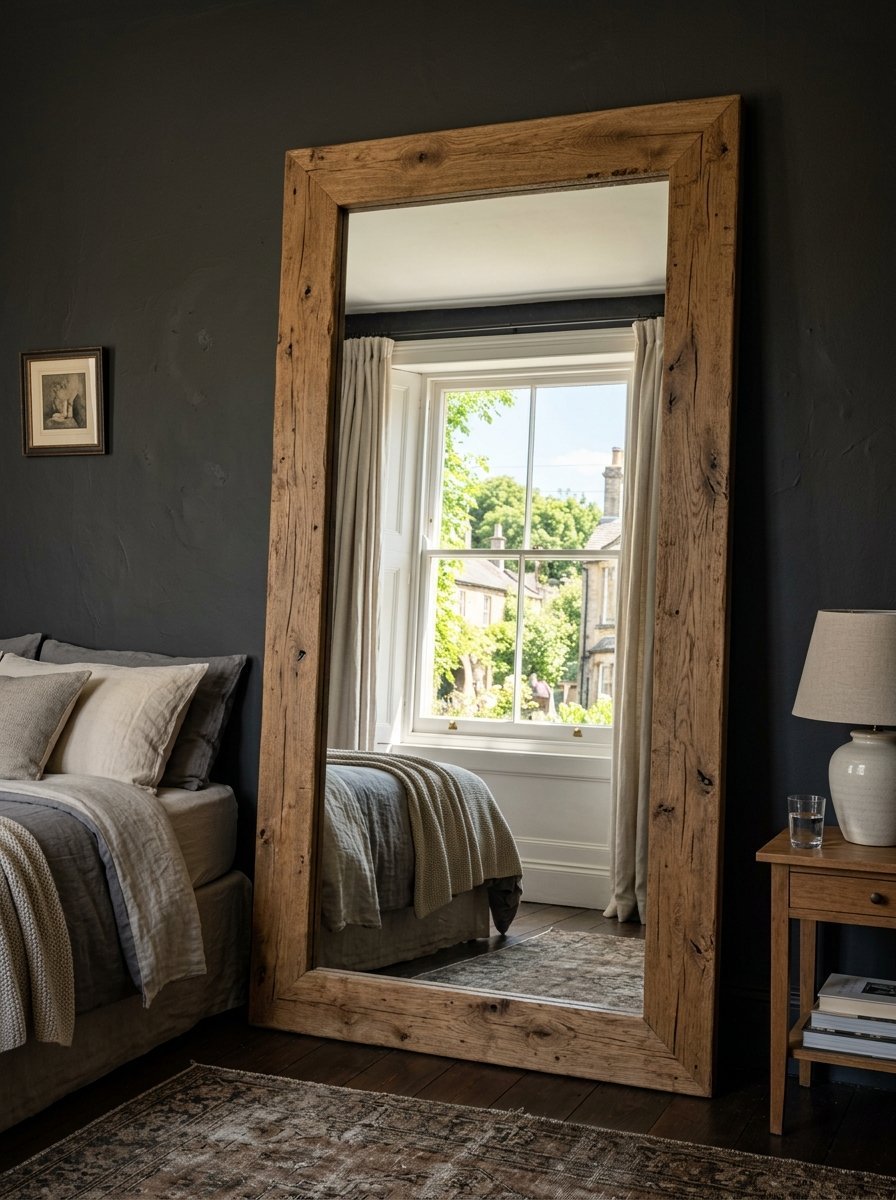 Large wooden mirror leaning against a dark wall in a cozy bedroom with window reflection.