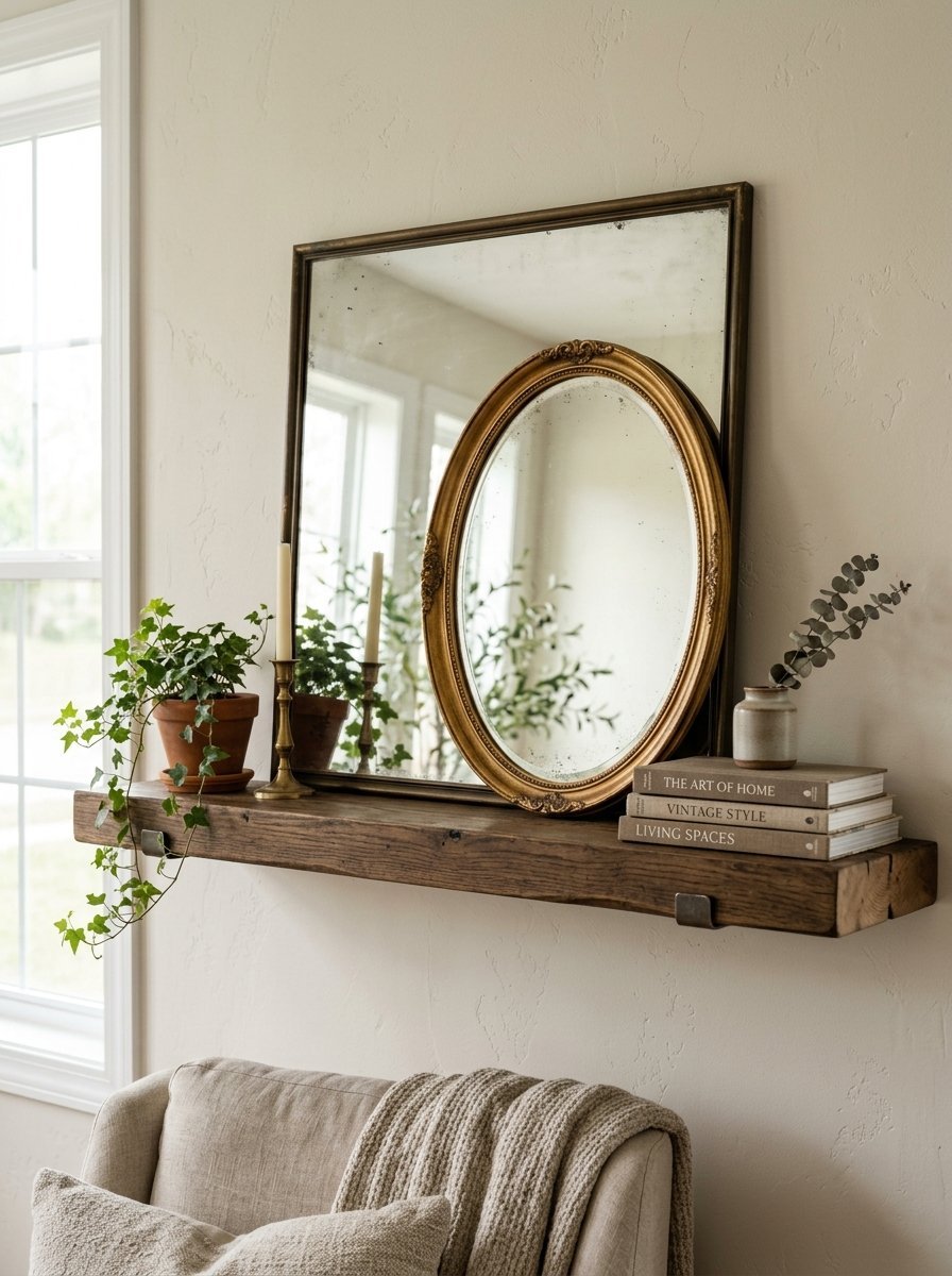 A rustic wooden shelf displaying two mirrors, potted ivy, candles, and a stack of books above an armchair.