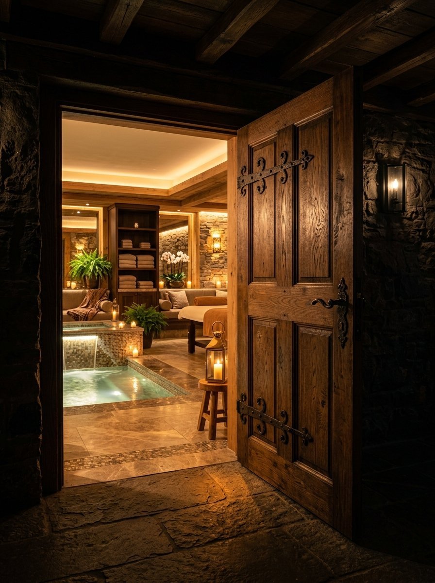 An open iron-hinged door reveals a warm, candlelit spa room with a stone hot tub and massage area.