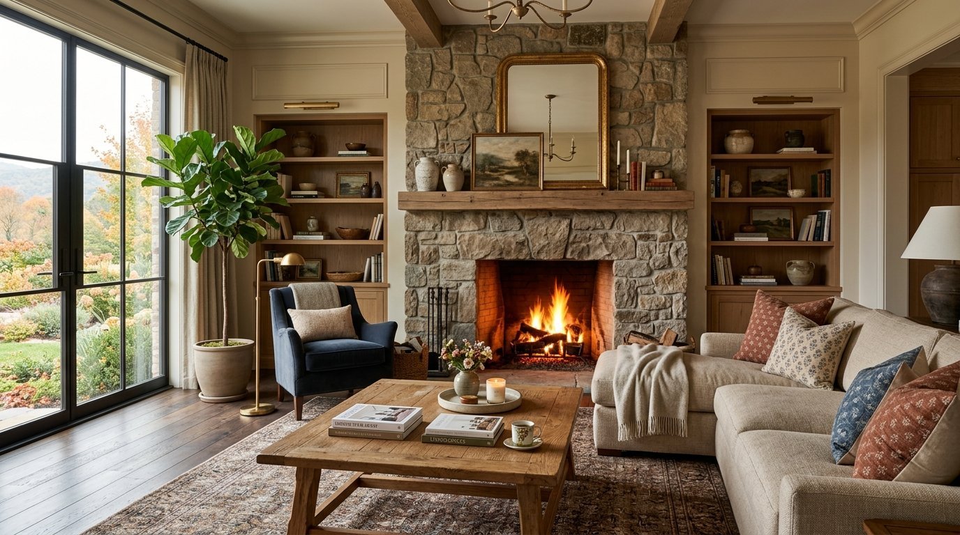 A rustic living room with a stone fireplace, blue armchair, and large beige sectional sofa.