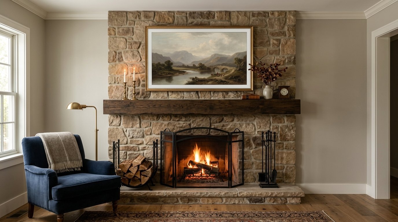 A rustic stone fireplace with a burning fire, a dark blue velvet armchair, and a landscape painting hanging above.