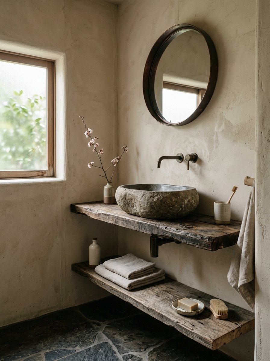 Round stone bowl sink on floating wood shelf with linen towels and wall mounted faucet.