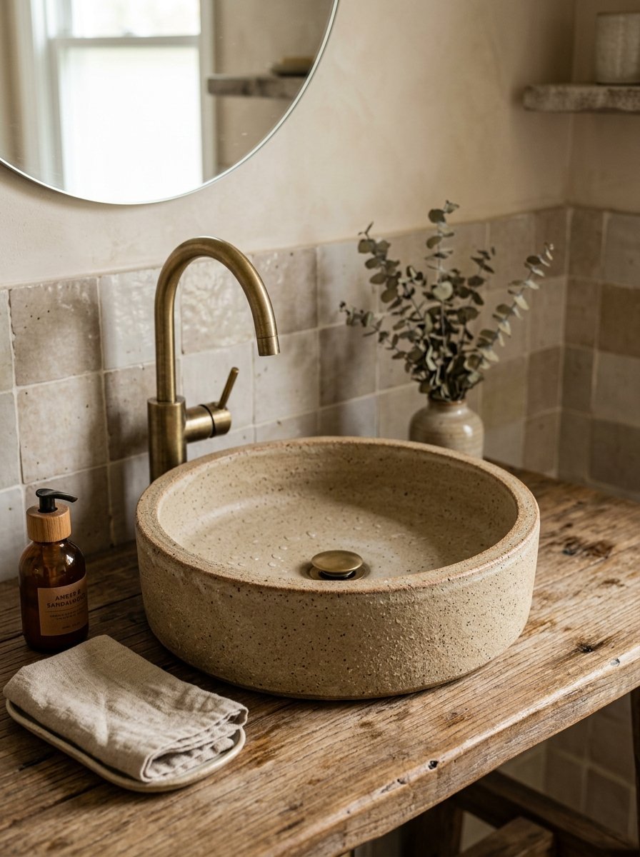 Round speckled stone basin with a brass faucet on a wooden table with linen towel.