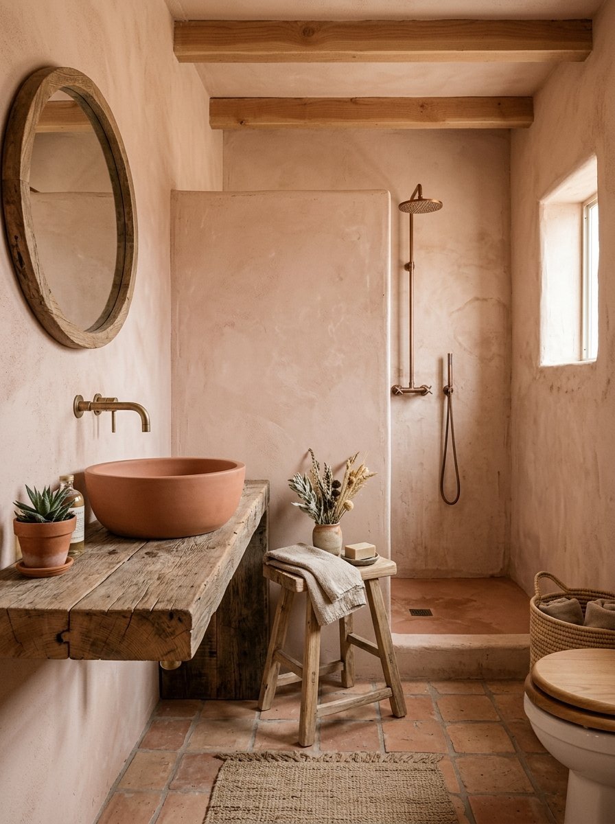 Modern rustic bathroom with a round terracotta sink, wooden vanity, and walk-in shower with copper fixtures.