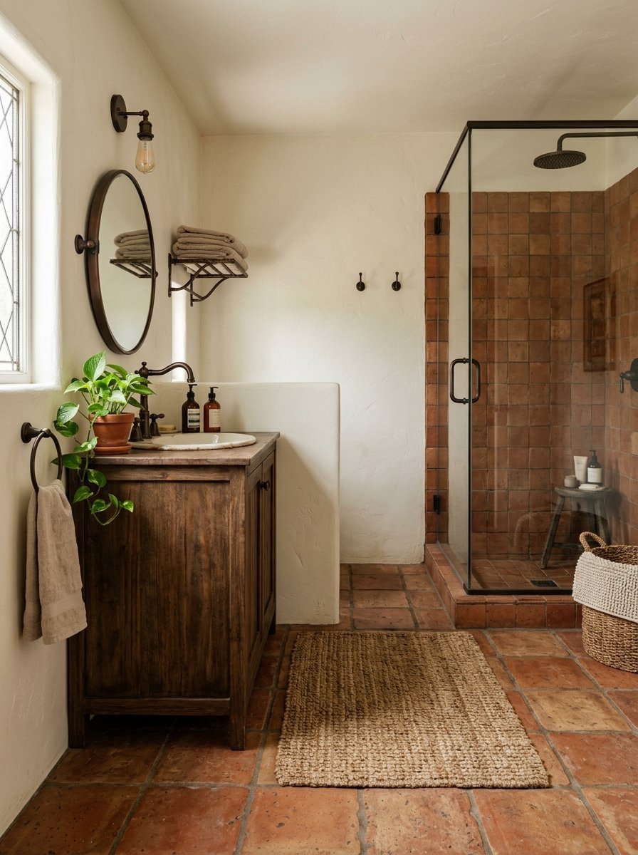 A bathroom with terracotta tiles, a dark wood vanity, a glass shower, and a trailing plant in a terracotta pot.