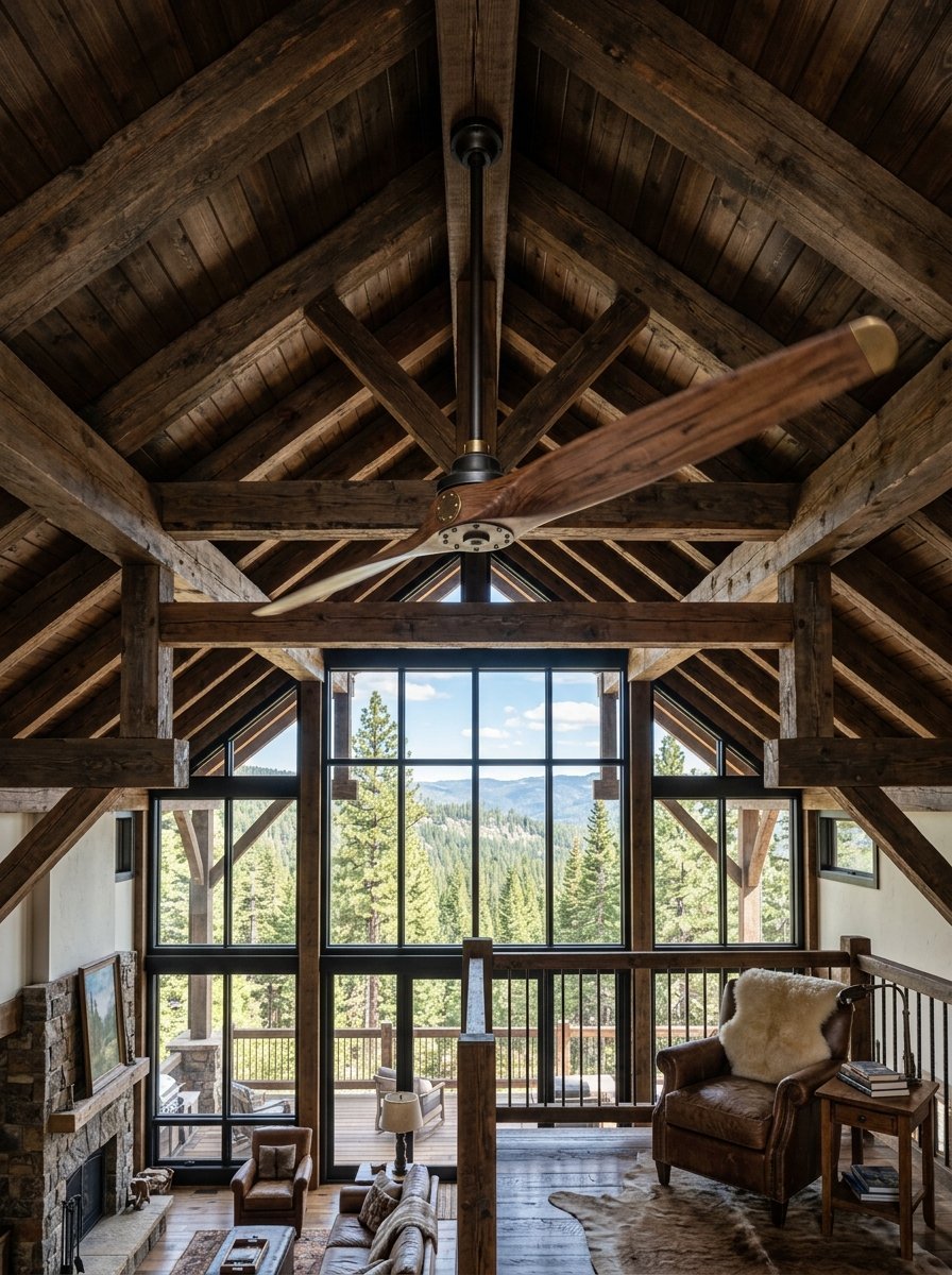 Loft lounge with exposed wooden beams and a large window overlooking a forest.