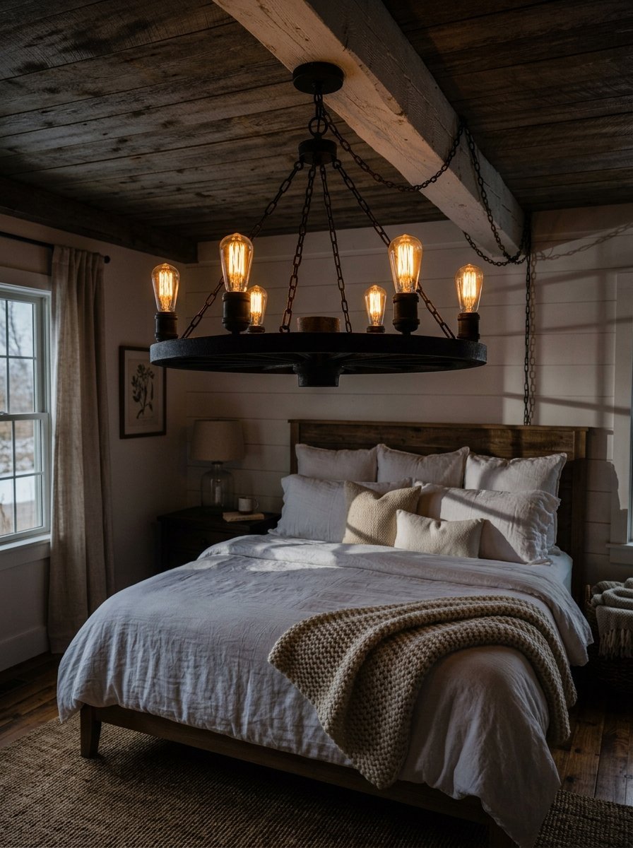 A dark metal wagon wheel light fixture hangs over a bed with white bedding and a knitted throw blanket.
