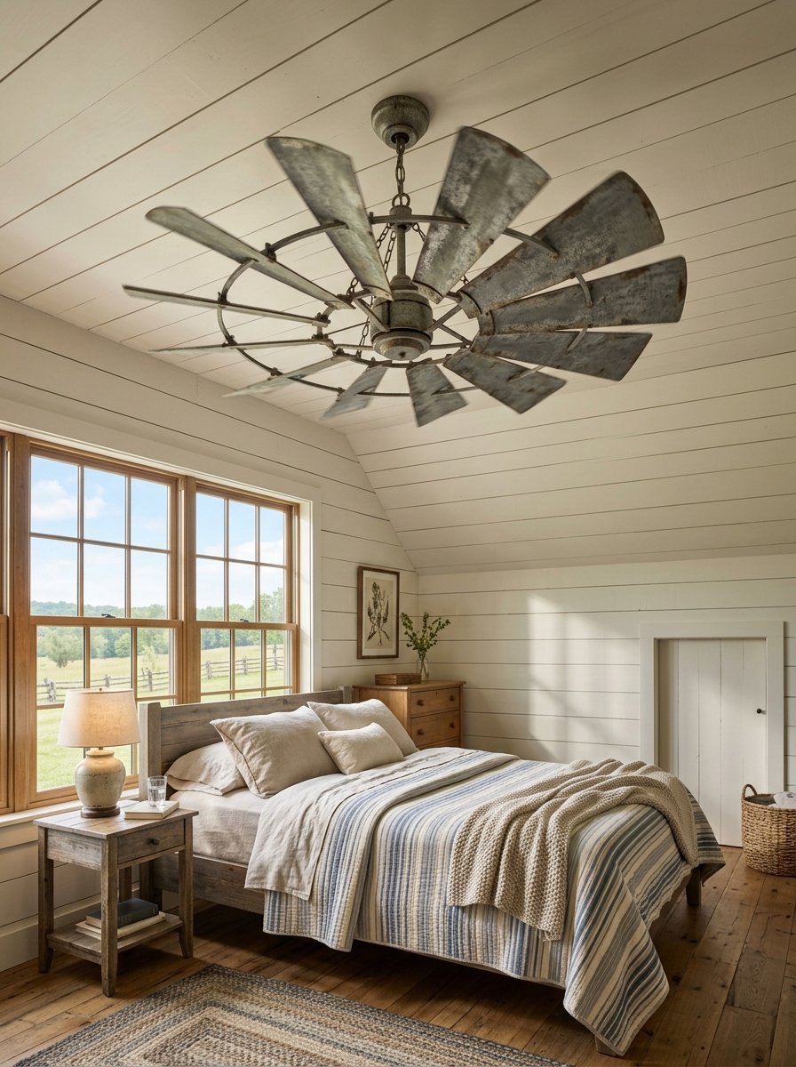 A rustic windmill-style ceiling fan hangs above a cozy bedroom with shiplap walls and a striped quilt.