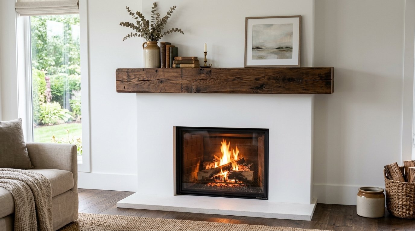 Modern white fireplace with a reclaimed wood mantel and a burning fire inside.
