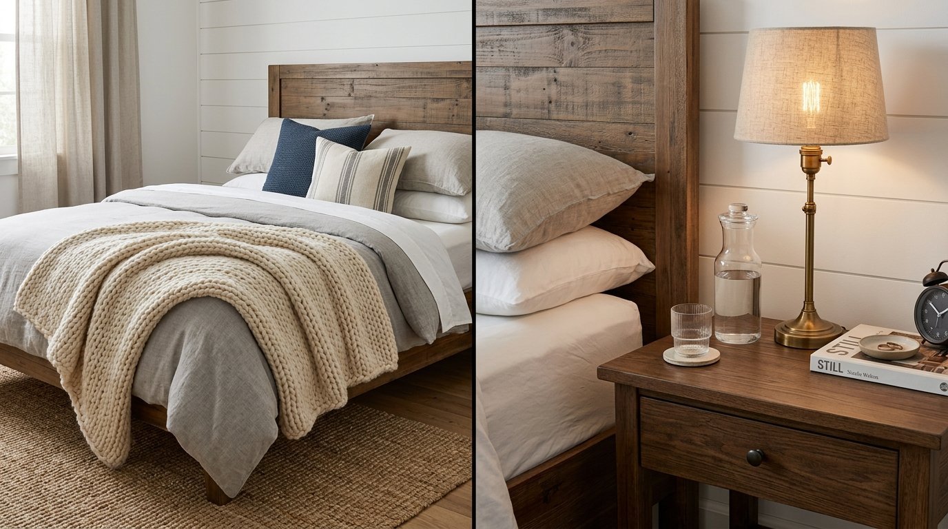 Farmhouse style bedroom with a wood headboard, knitted blanket, and nightstand featuring a brass table lamp.