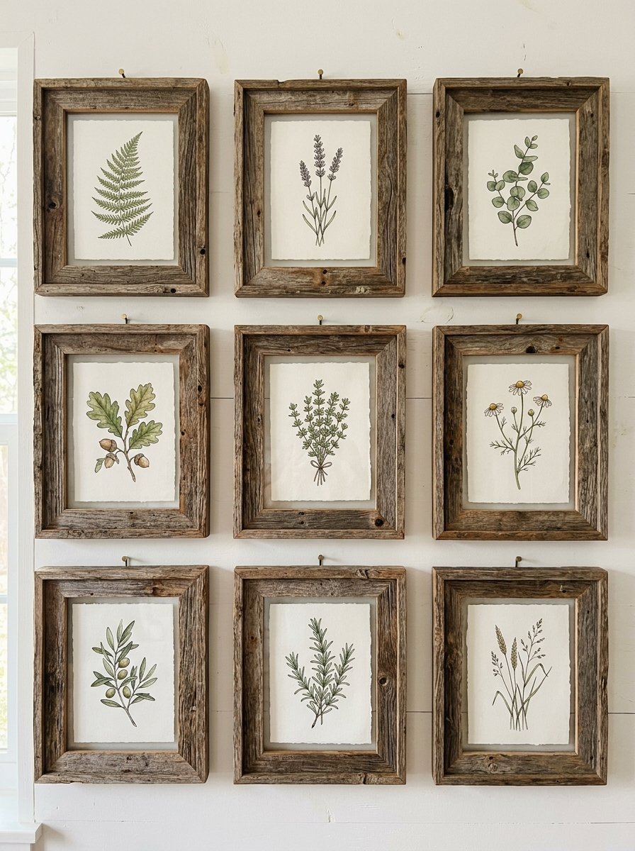 A gallery wall arrangement of nine rustic reclaimed wood frames holding watercolor drawings of forest flora.