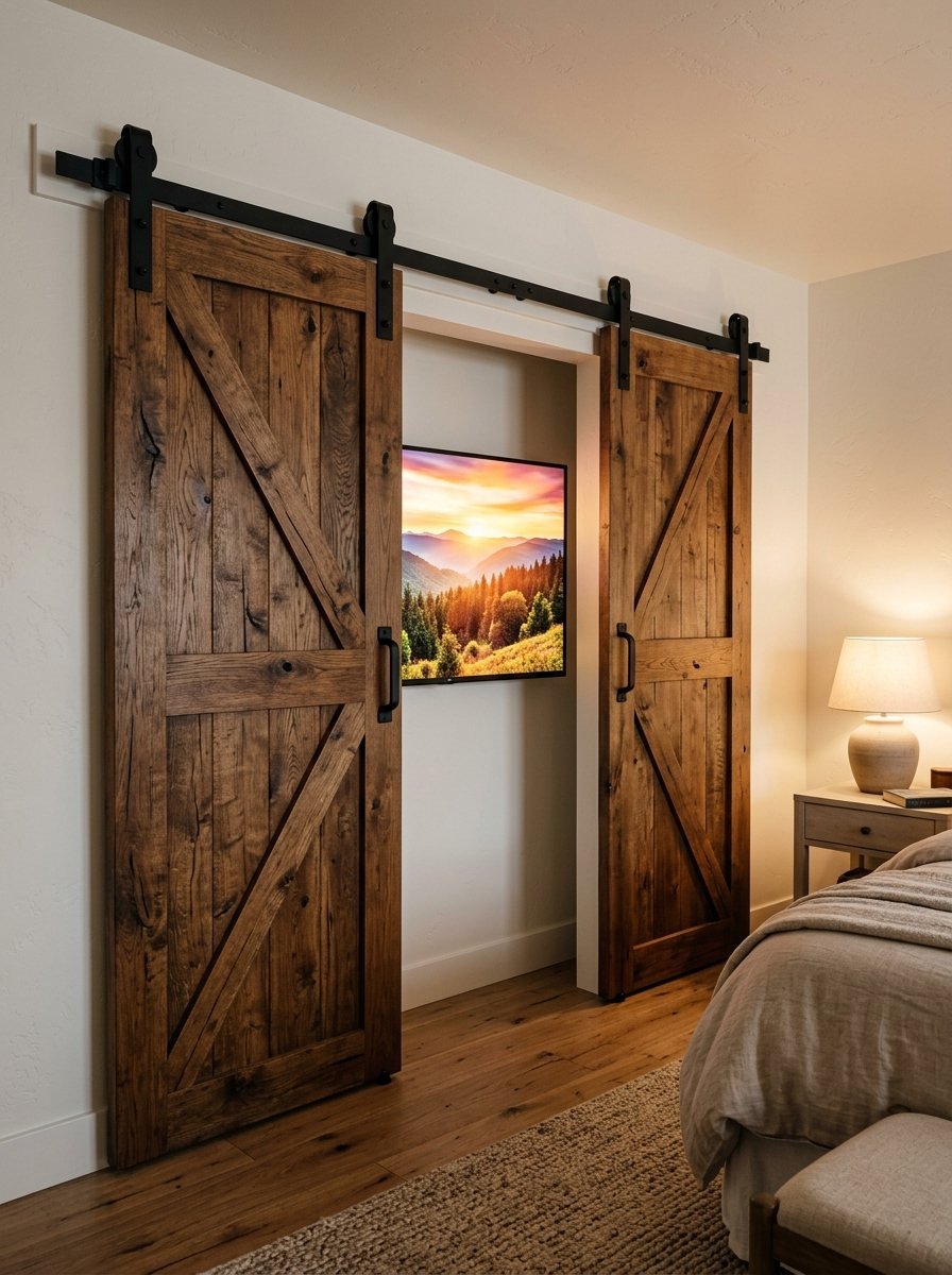 A flat-screen TV showing a mountain landscape inside a wall cutout between two rustic farmhouse style sliding doors.