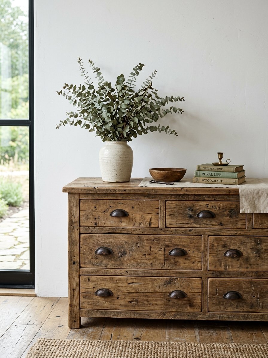 Distressed reclaimed wood sideboard featuring metal cup pulls, topped with a ceramic vase of eucalyptus branches.