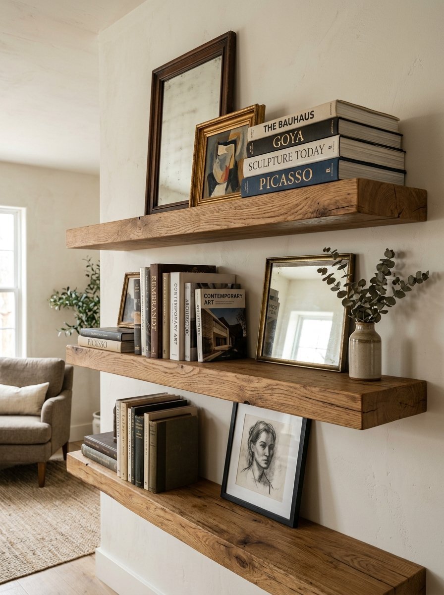 Three thick wooden wall shelves holding vintage books, framed mirrors, and art prints in a neutral living room.