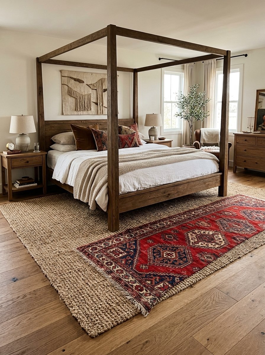 A rustic wooden canopy bed layered with pillows and a throw blanket sits atop a textured jute rug and red oriental runner.