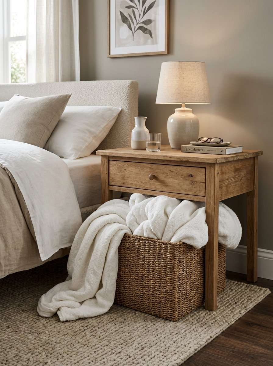 A rustic wooden nightstand with a lamp and a white blanket overflowing from a woven basket underneath.