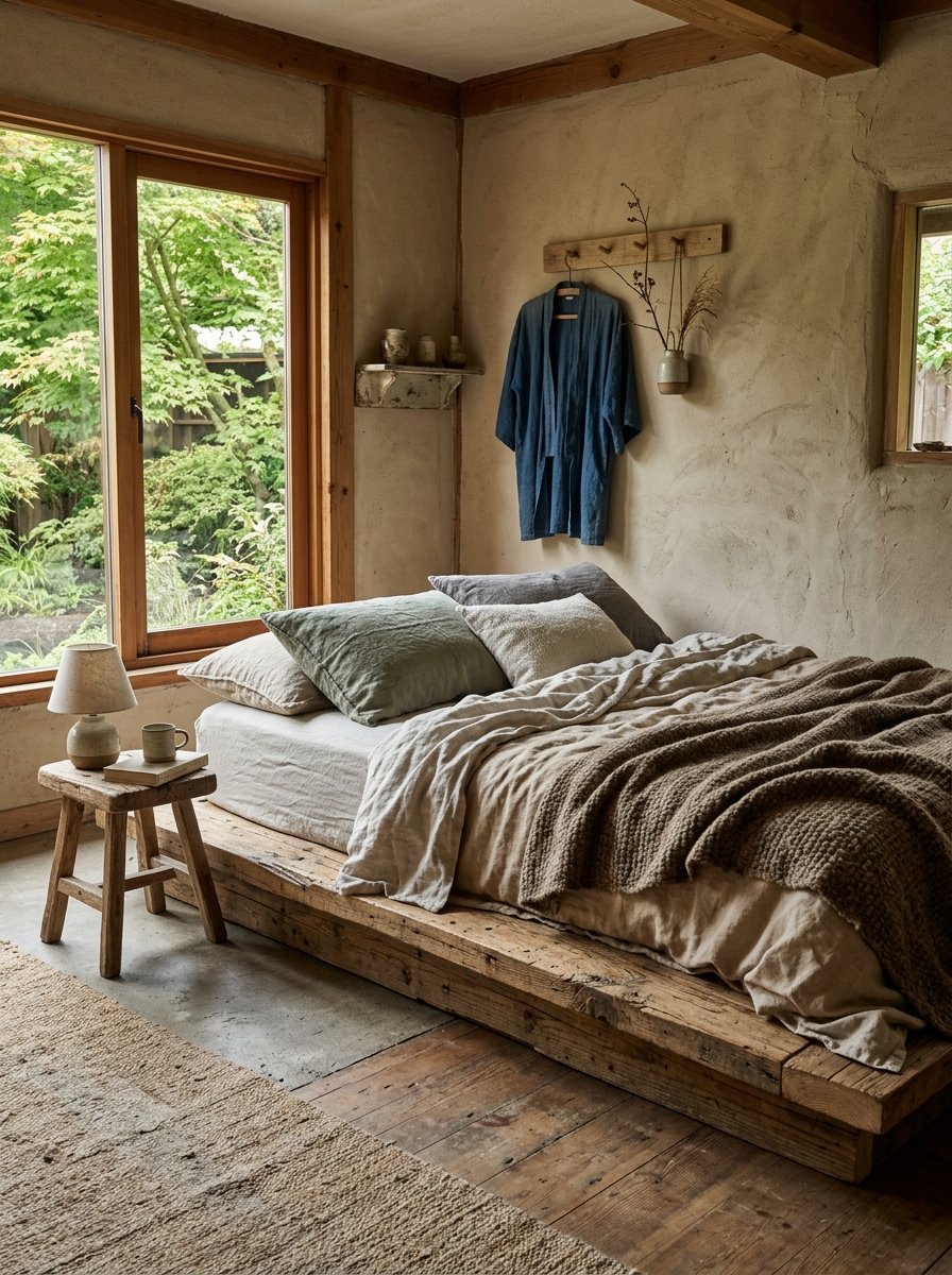 A low wood platform bed with linen bedding sits in a rustic room near a large window overlooking green trees.